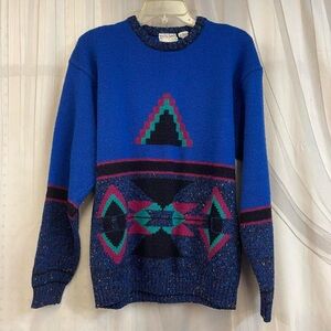 Concrete Jungle Blue Teal Geometric Pattern Men's Sweater Y2K 90s Western Wool B